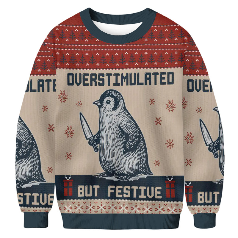 Penguin Overstimulated But Festive Christmas Ugly Sweater Xmas Clothing Penguin Lover Gift
