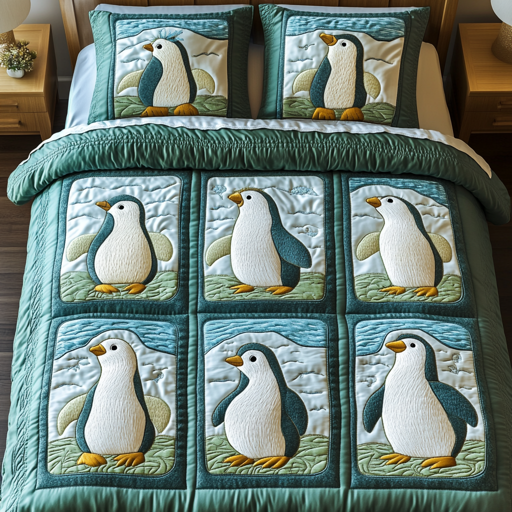 Penguin Parade Quilted Bedding Set King Size Quilt Sets Christmas Presents For Relatives
