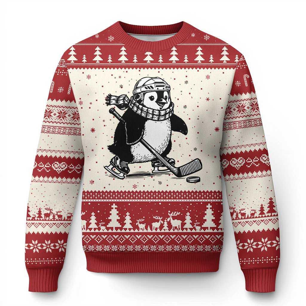 Penguin Playing Ice Hockey Ugly Christmas Sweater Cute Xmas Sweaters Gift For Sports Lover