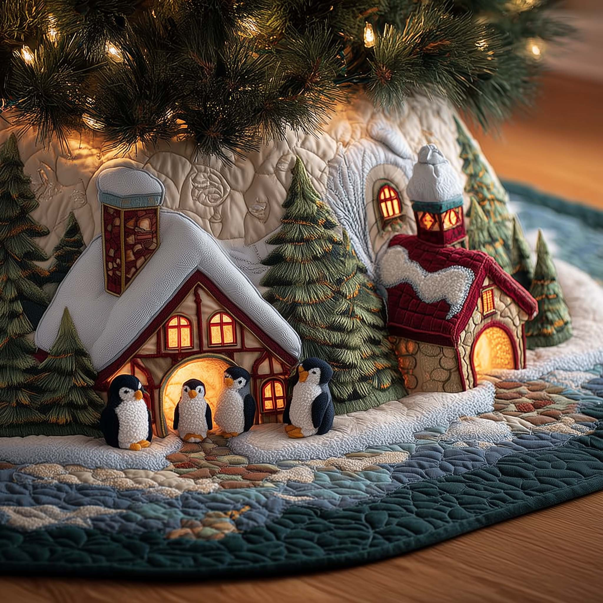 Penguin Quilted Tree Skirt Animal Pattern Aesthetic Home Decor Best Xmas Gifts