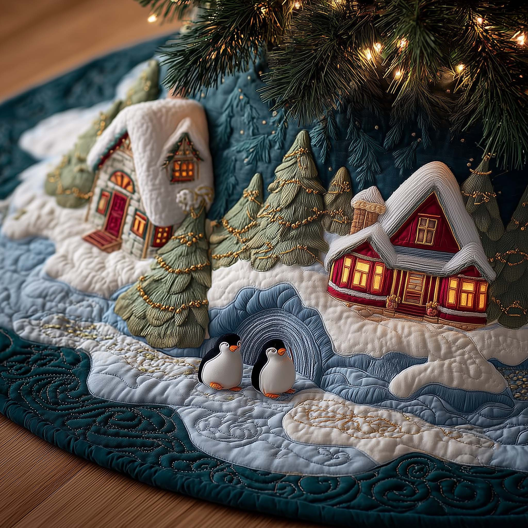 Penguin Quilted Tree Skirt Winter Home Decor Christmas Gifts For Penguin Lovers