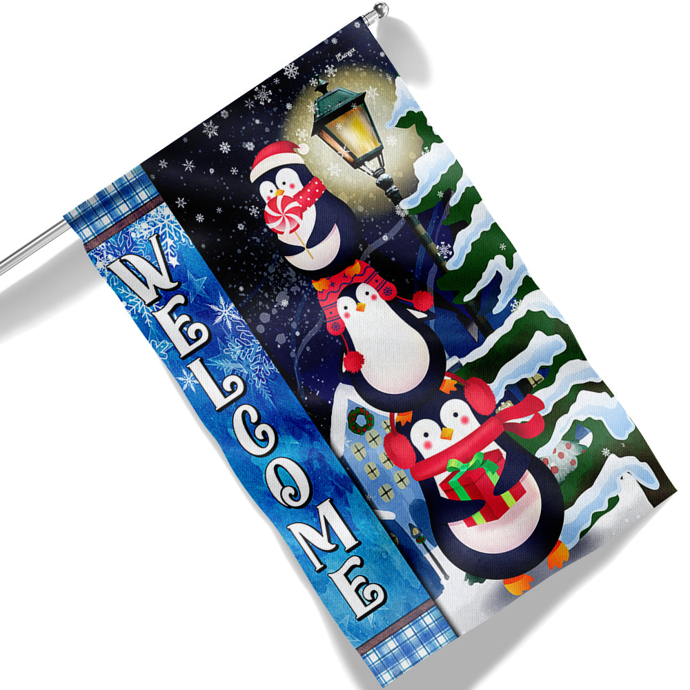 Penguins Christmas Welcome Flag
