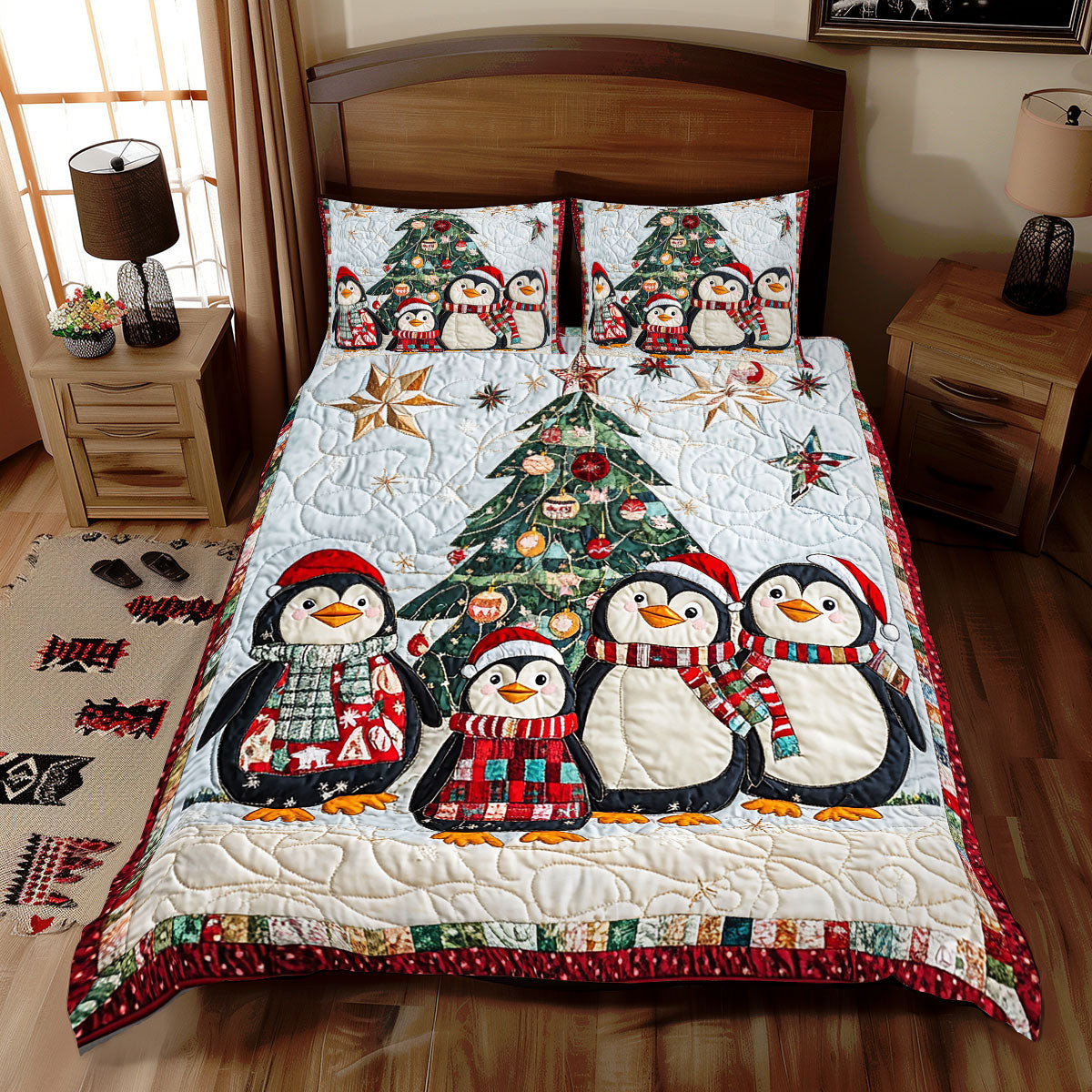 Penguins Happy Holiday Xmas Quilted Bedding Set Best Christmas Gifts For Couples