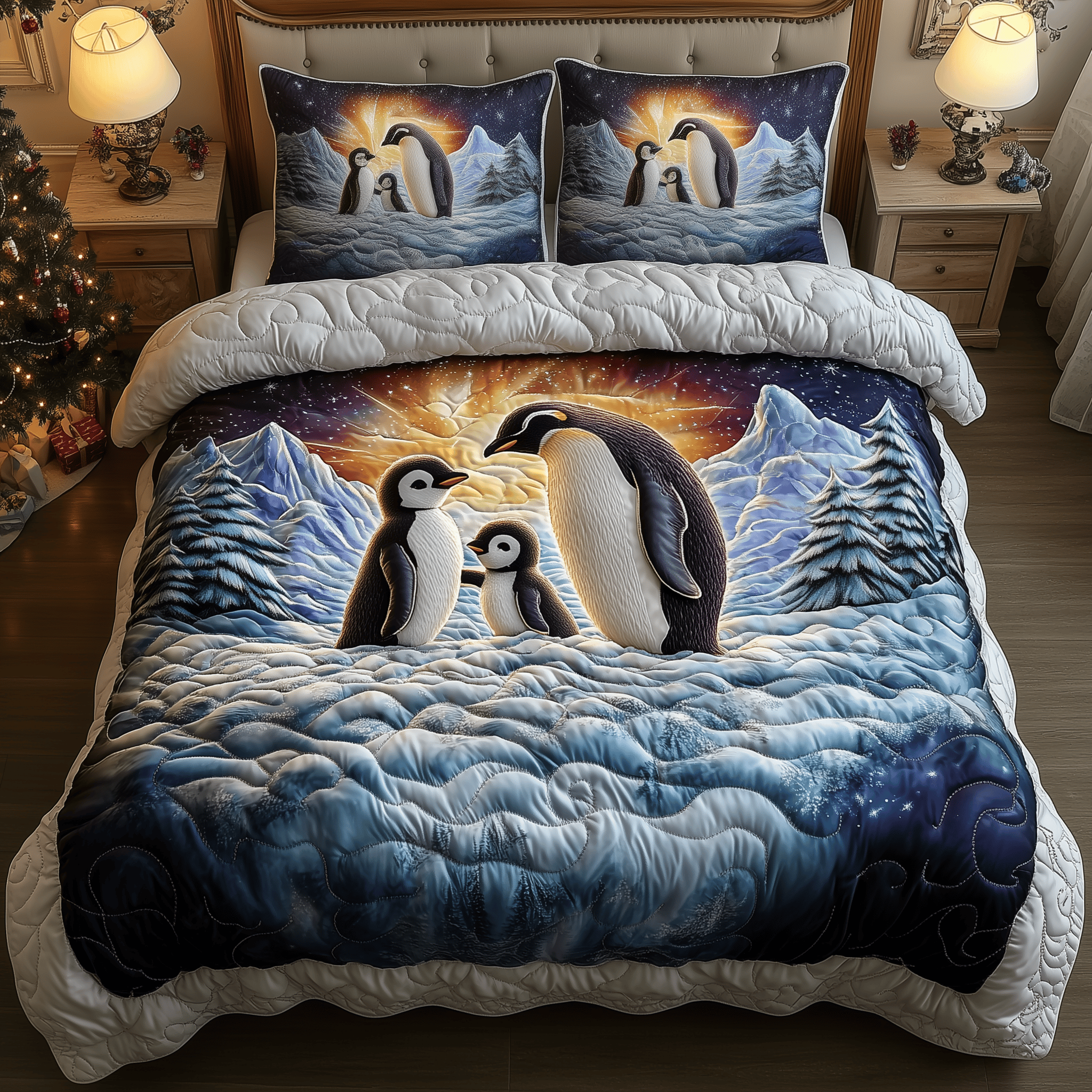 Penguins Magical Twilight Quilted Bedding Set Penguin Gifts For Adults