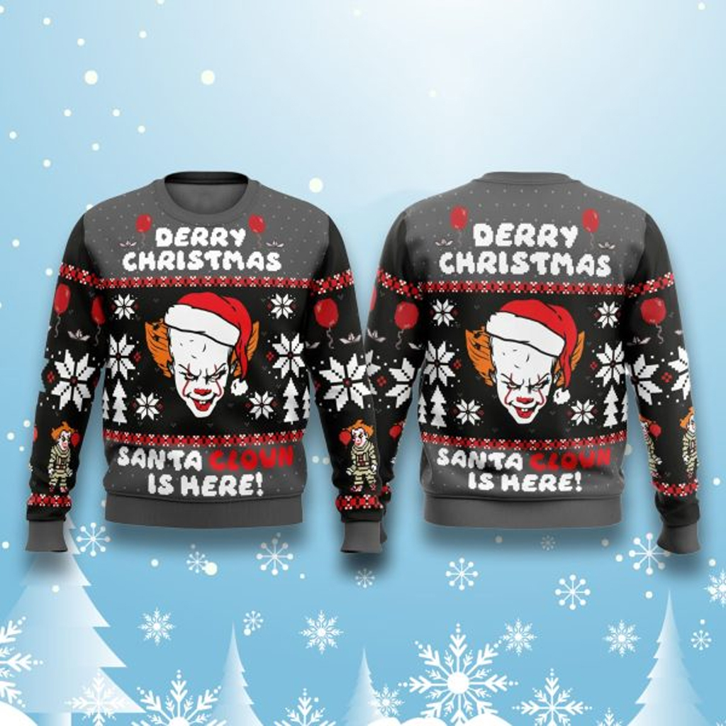 Pennywise IT Derry Christmas Santa Clown Is Here Ugly Sweater Merry Christmas Clothing