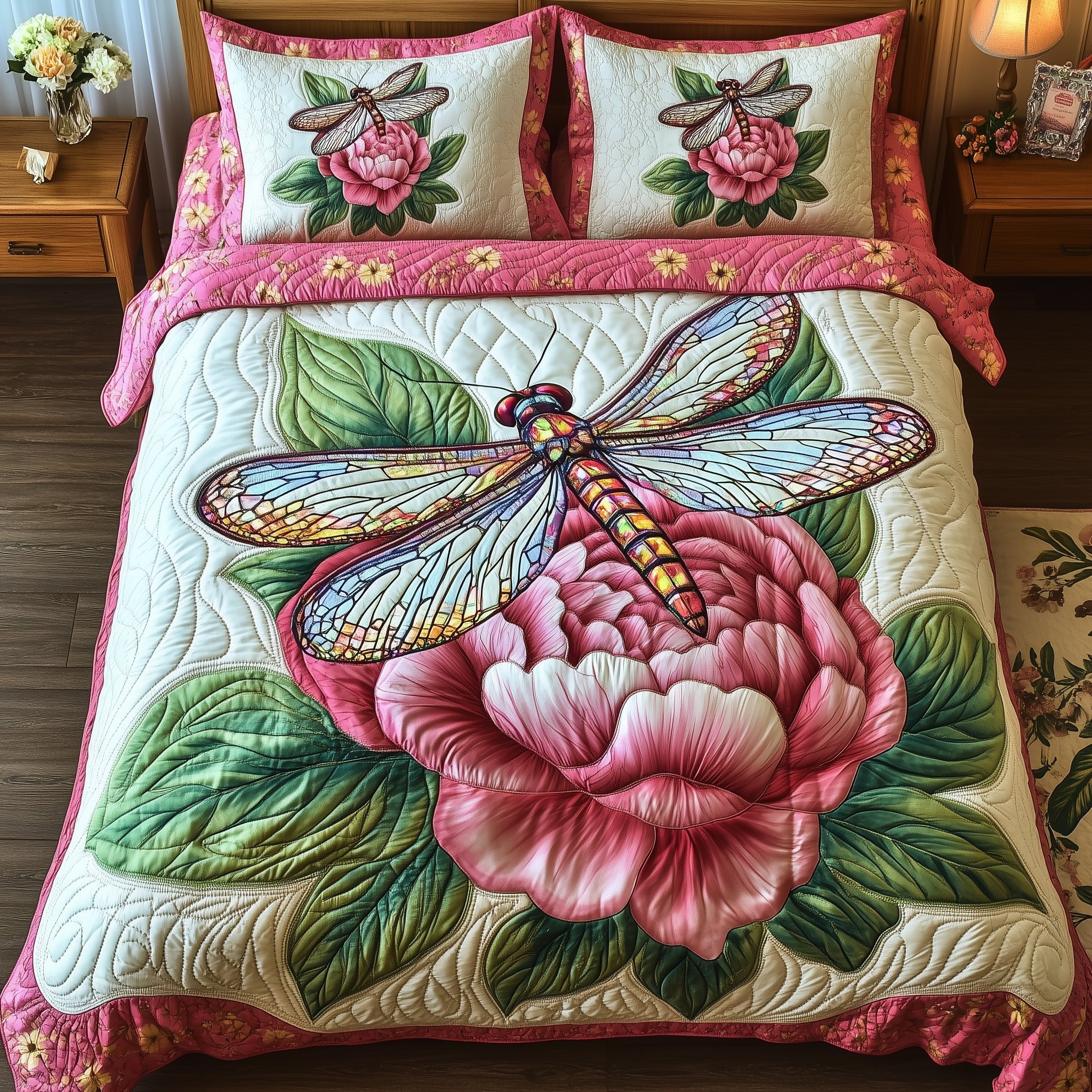 Peony Blush Quilted Bedding Set Duvet Cover Merchandise Birthday Presents For Dragonfly Lovers