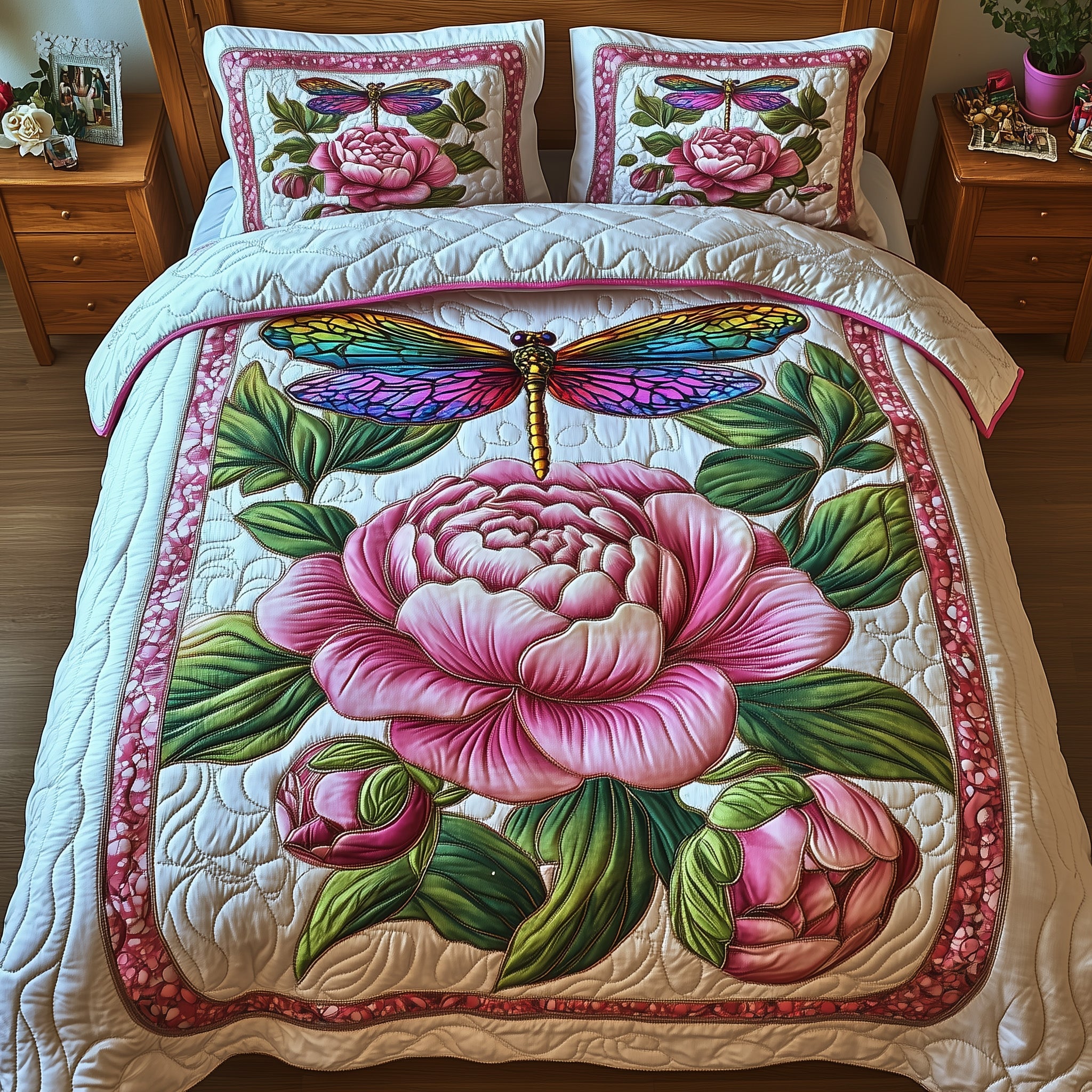 Peony Blush Quilted Bedding Set Duvet Cover Merchandise Cool Gifts For Dragonfly Lovers
