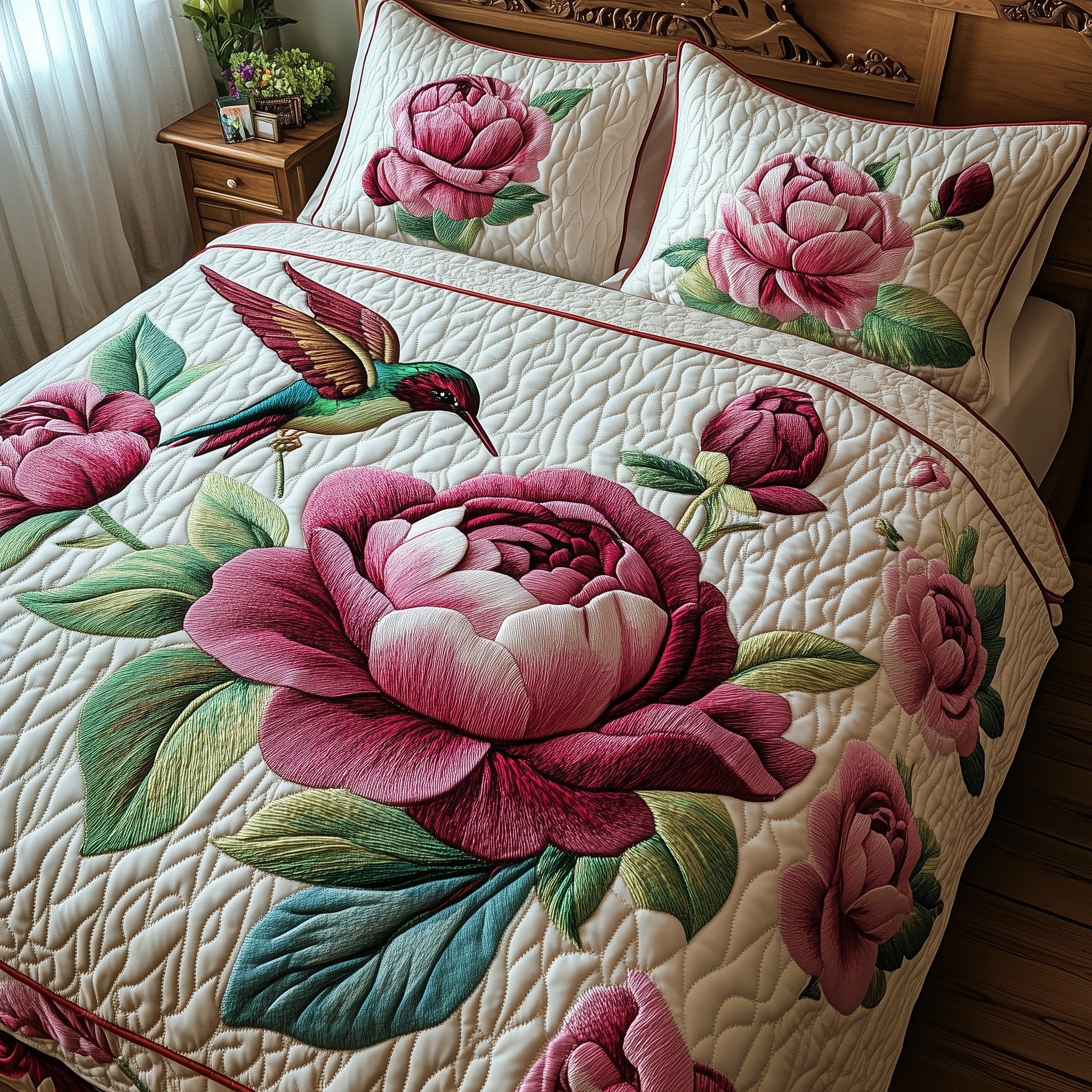 Peony Blush Quilted Bedding Set Duvet Cover Merchandise Cool Hummingbird Gifts Xmas