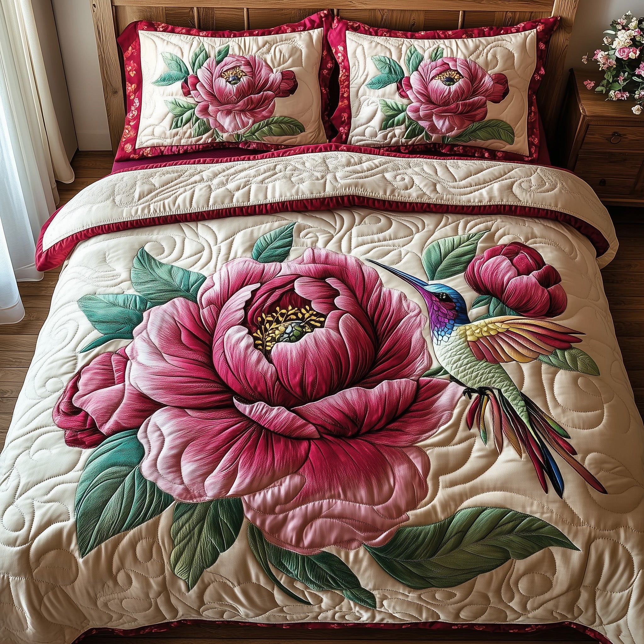 Peony Blush Quilted Bedding Set Duvet Cover Merchandise Gifts For Hummingbird Watchers