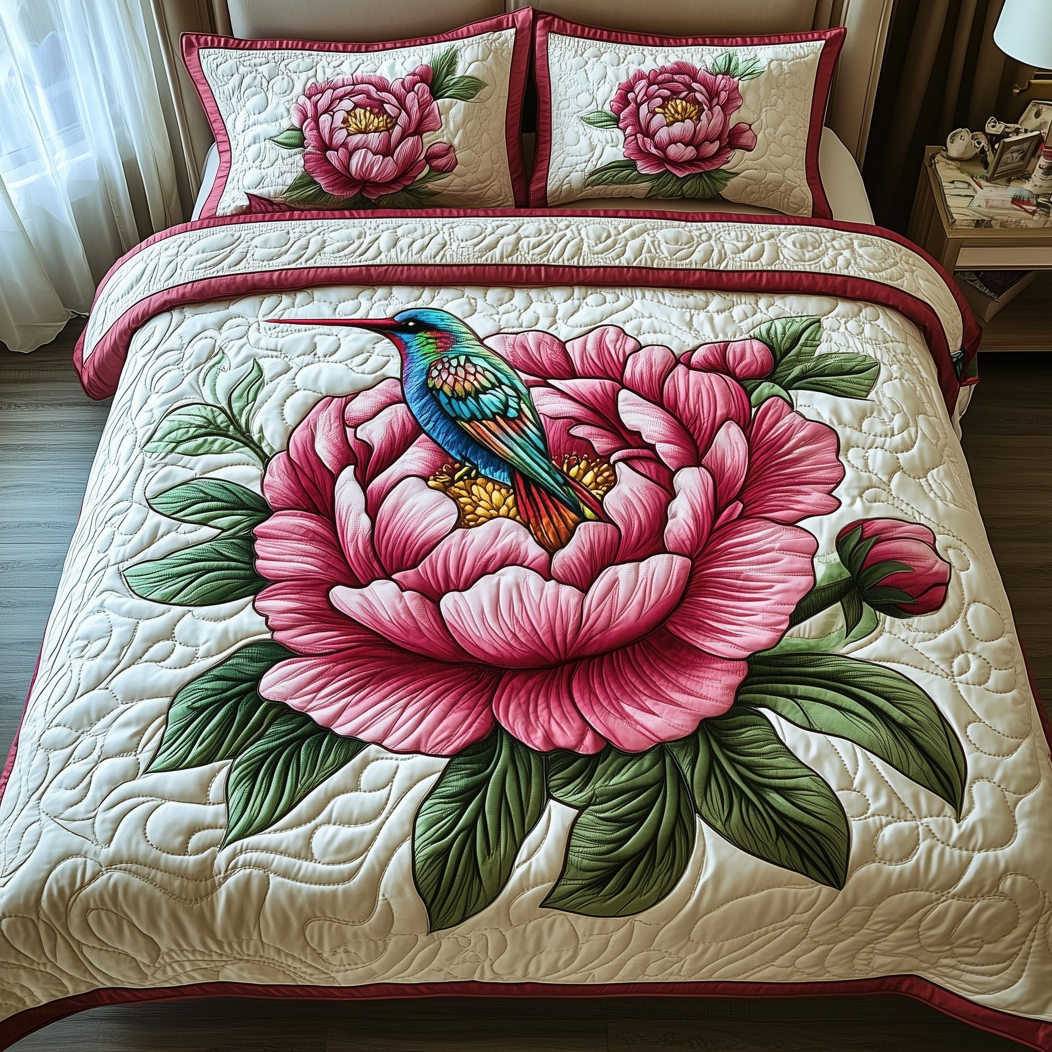 Peony Blush Quilted Bedding Set Duvet Cover Merchandise Hummingbird Gifts For Grandma