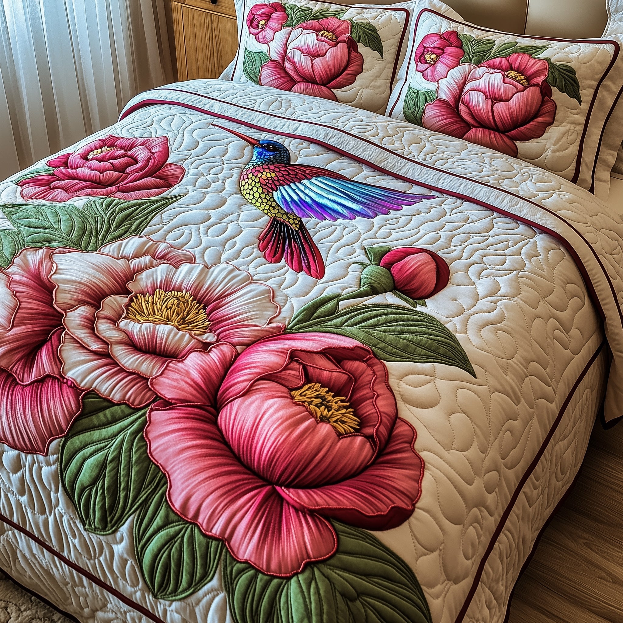 Peony Blush Quilted Bedding Set Duvet Cover Merchandise Hummingbird Gifts For Women