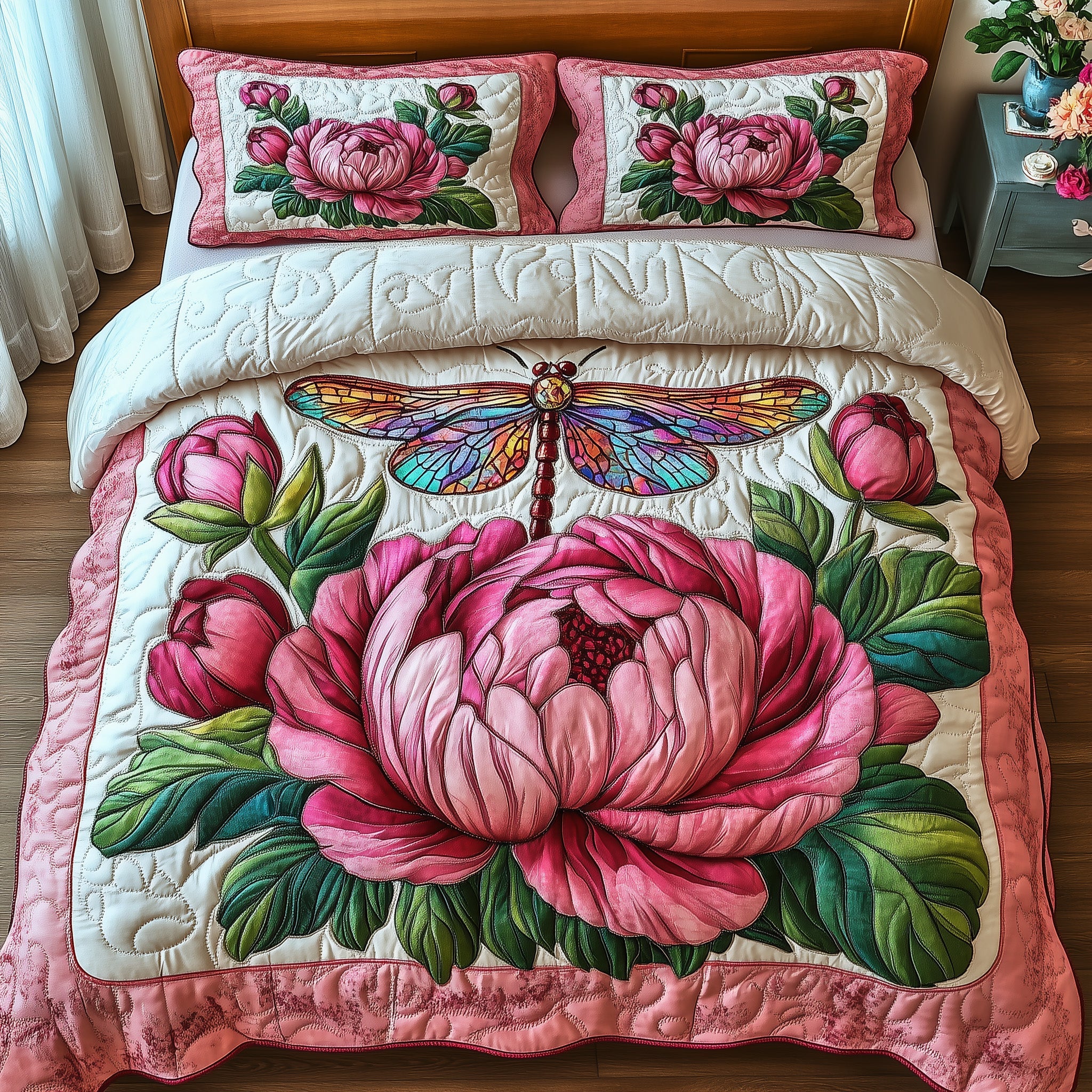 Peony Blush Quilted Bedding Set Duvet Cover Merchandise Presents For Dragonfly Lovers Women