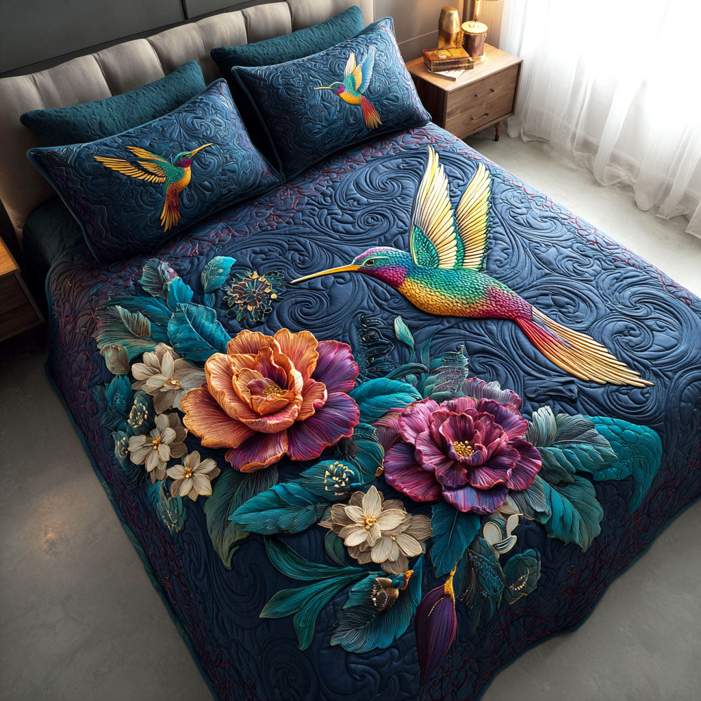 Peony Flight Quilted Bedding Set Bedroom Decorations Hummingbird Gifts For Men