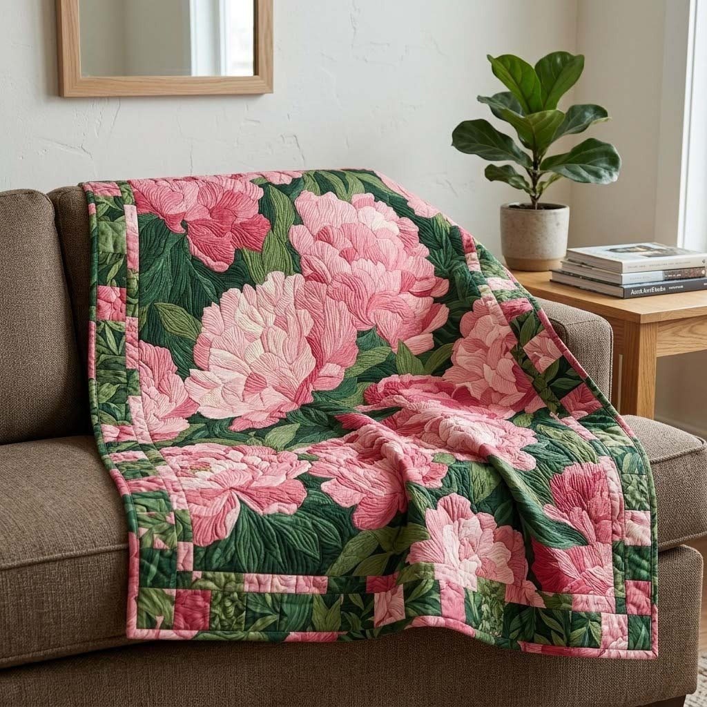 Peony Garden Quilted Blanket Lush Floral Bloom Decor Apparel Gift Ideas For Her Women