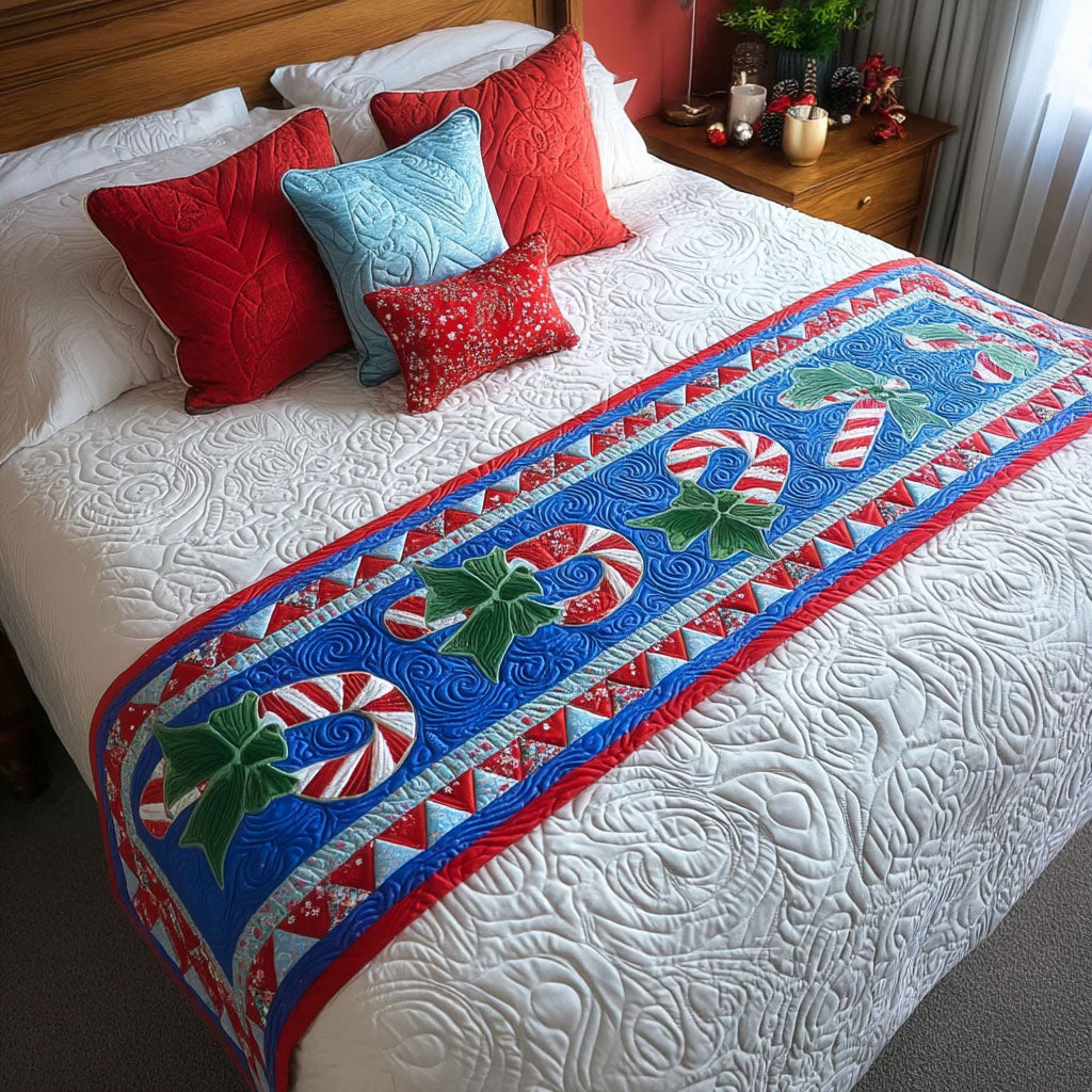 Peppermint Joy Quilted Bed Runner Holiday Bed Runner Family Xmas Present Ideas