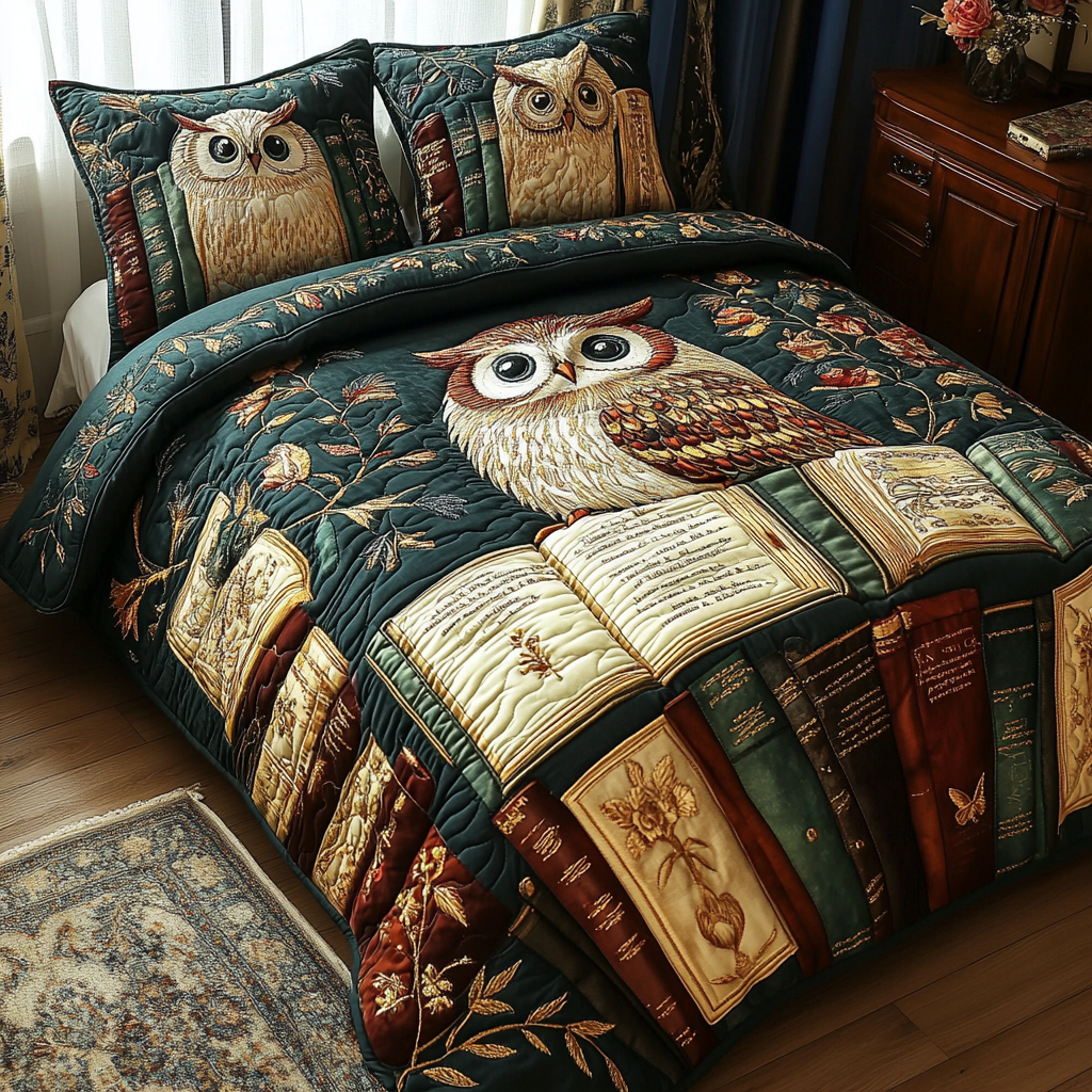 Perched Wisdom Quilted Bedding Set Best Bedspread Set Gifts For People Who Love Books