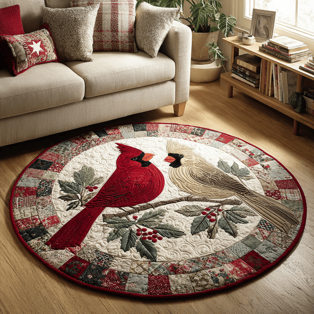 Perching Cardinal Quilted Round Mat Holiday Season Round Mat Unique Xmas Gift for Grandparents