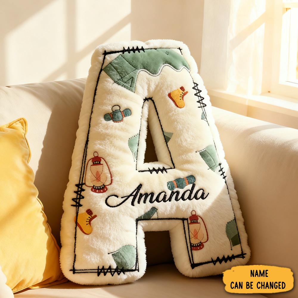 Personalised Camp Alphabet Letters Cushion Pillow Camping Outdoor Nature Lover Pillow Gift For Nature Outdoor
