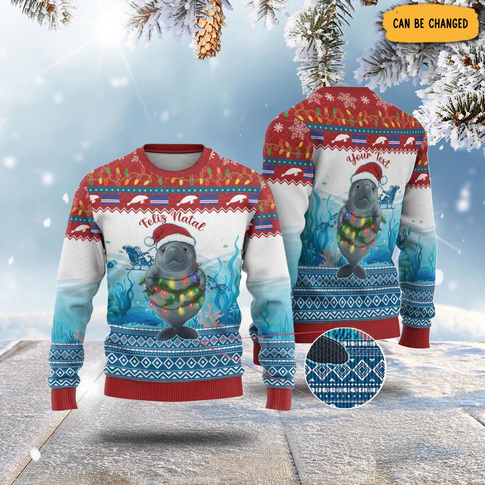 Personalised Cape Verde Christmas Ugly Christmas Sweater Manatee Feliz Natal