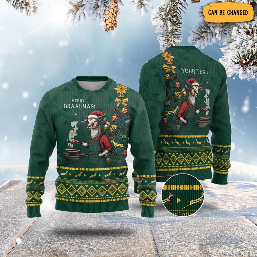 Personalised South Africa Christmas Ugly Christmas Sweater Bokke Merry Braai-mas