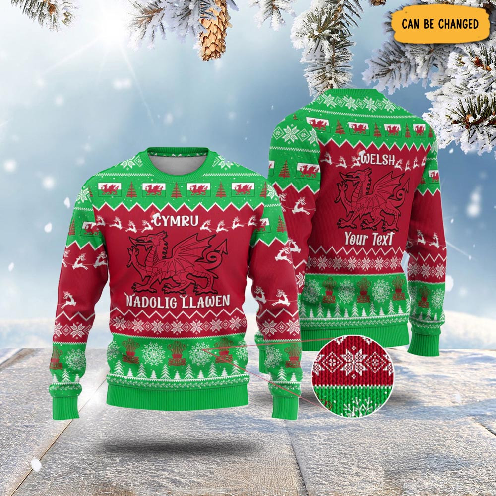 Personalised Wales Christmas Ugly Christmas Sweater Nadolig Llawen Cymru Unique Version