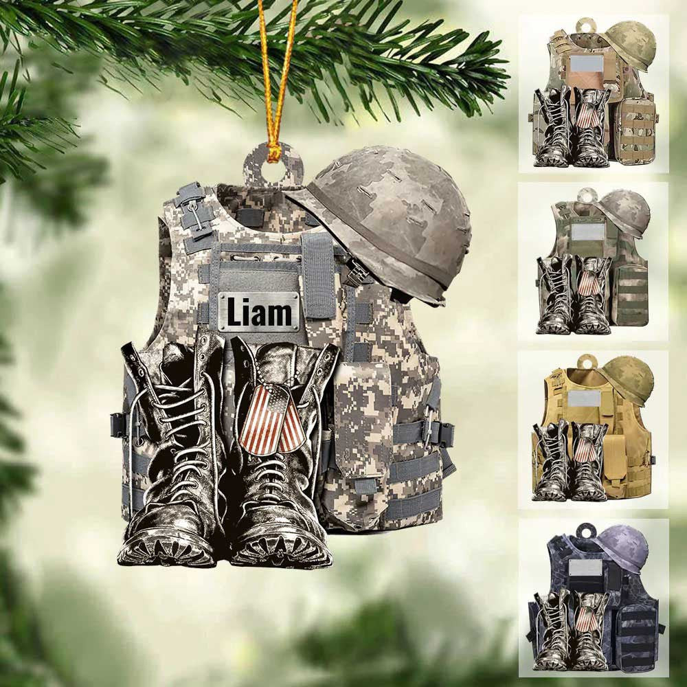 Personalize Military Uniform Boots & Helmet Christmas Ornament Custom Name Veteran All Part Military Ornament for Dad