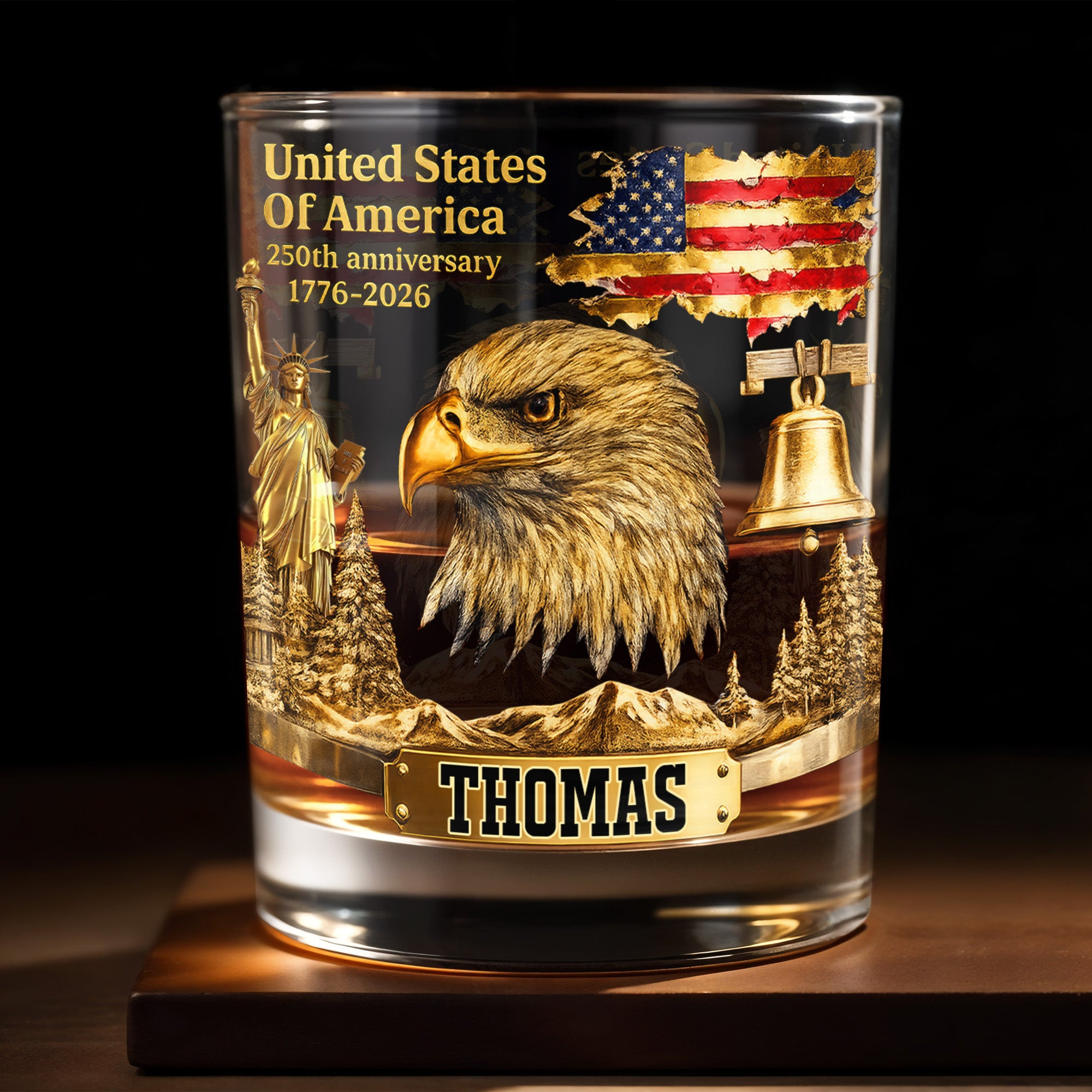 Personalized 1776 2026 250th Anniversary Anniversary Eagle Flag Whiskey Glass Patriotic Dad Gift