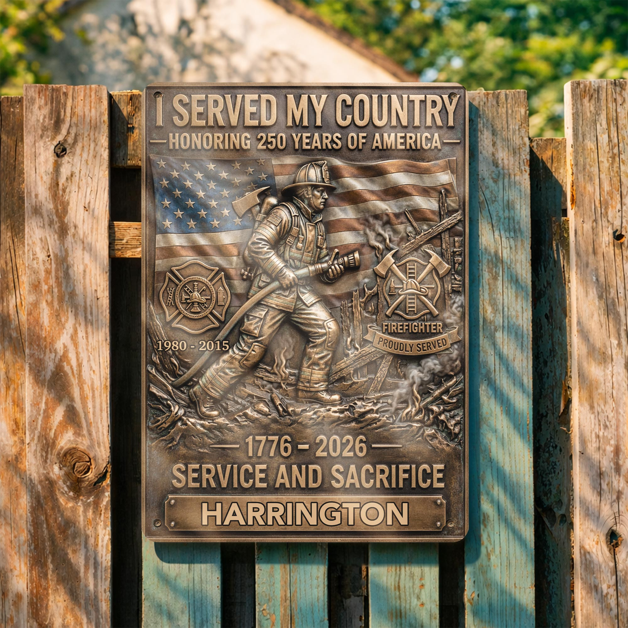 Personalized 1776 2026 250th Anniversary Firefighter American Flag Metal Sign Gift For Family