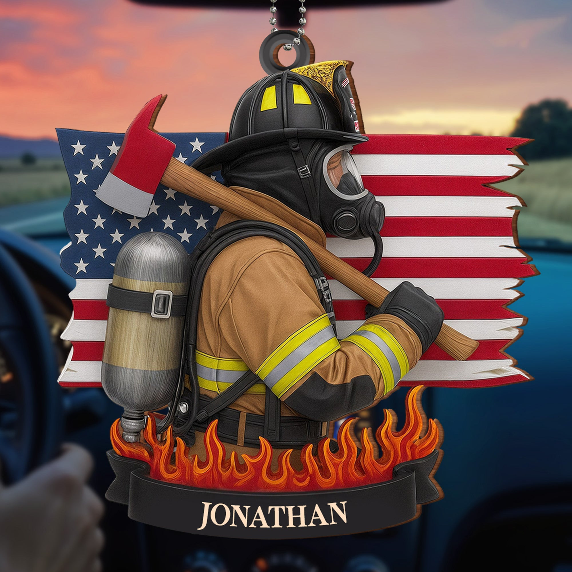 Personalized 1776 2026 250th Anniversary Firefighter Flag Car Ornament Gift For Patriotic Dad