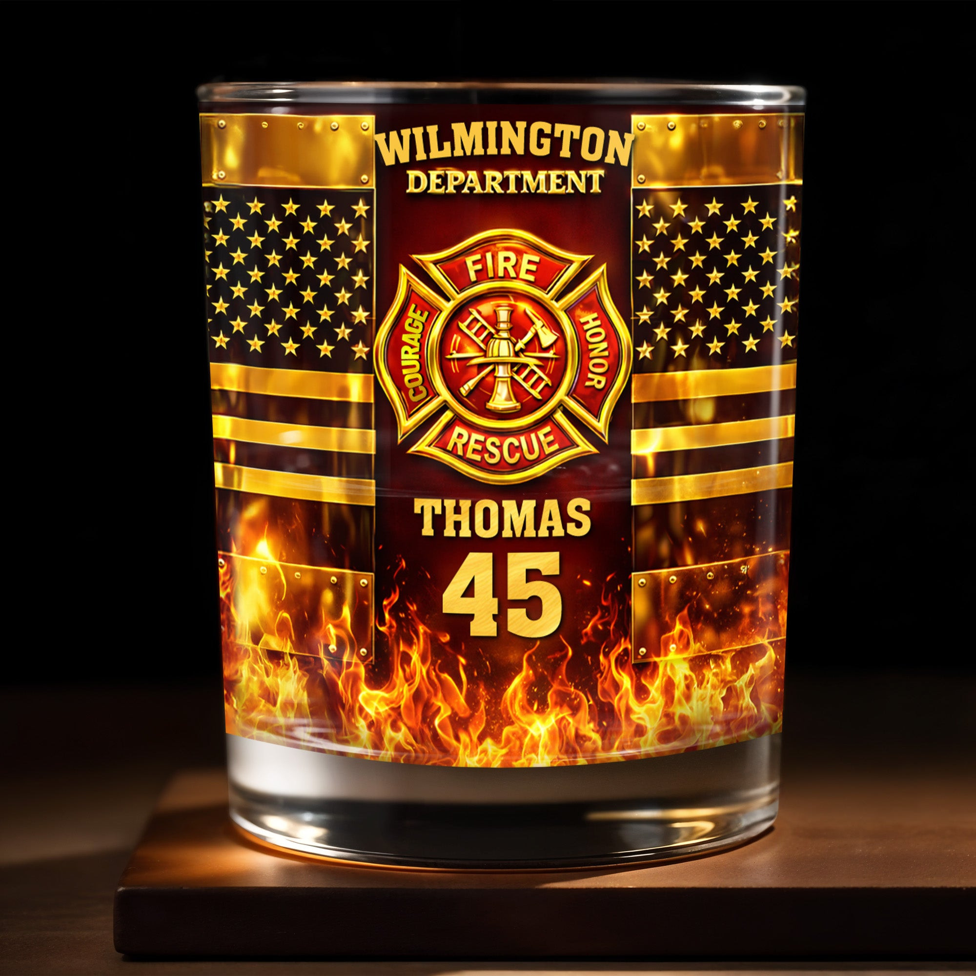 Personalized 1776 2026 250th Anniversary Firefighter Flag Stars Whiskey Glass Patriotic Dad Gift