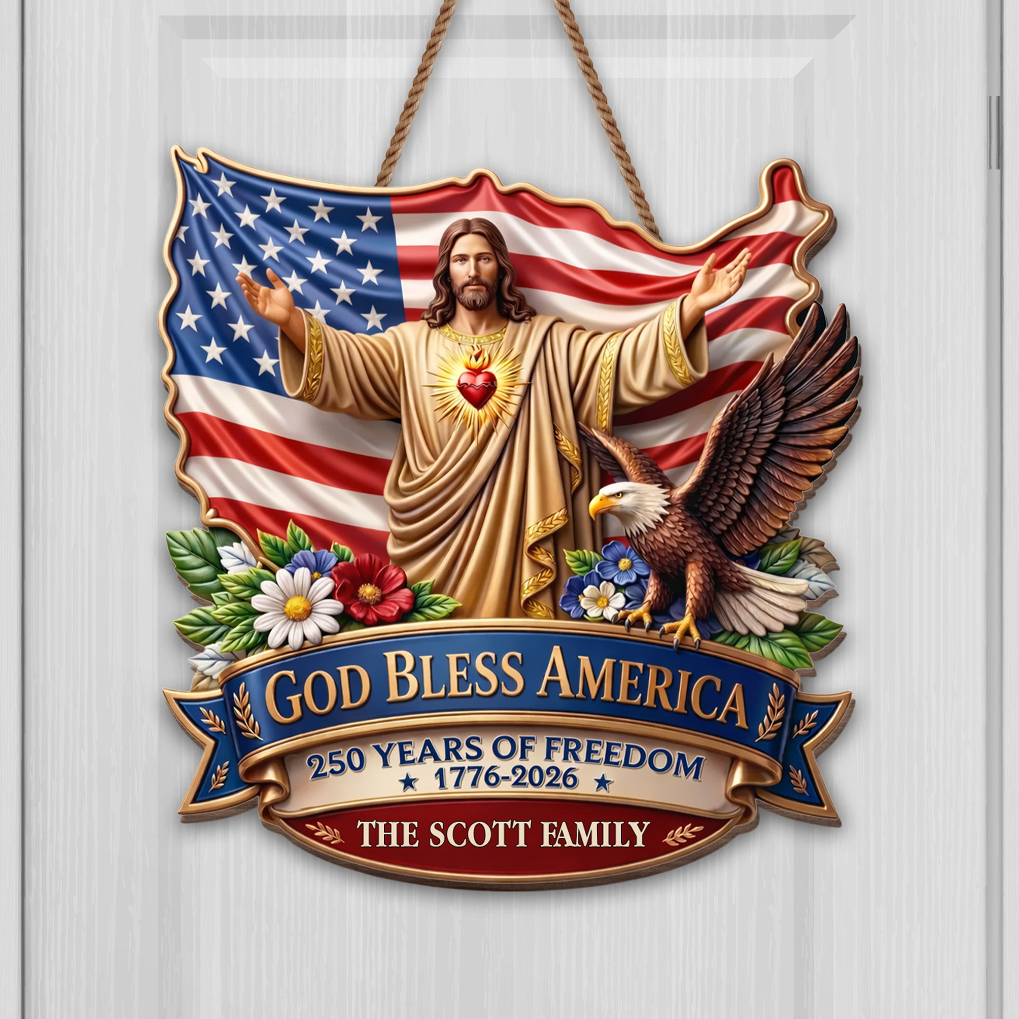 Personalized 1776 2026 250th Anniversary God Bless Door Sign Gift For Patriotic Believers