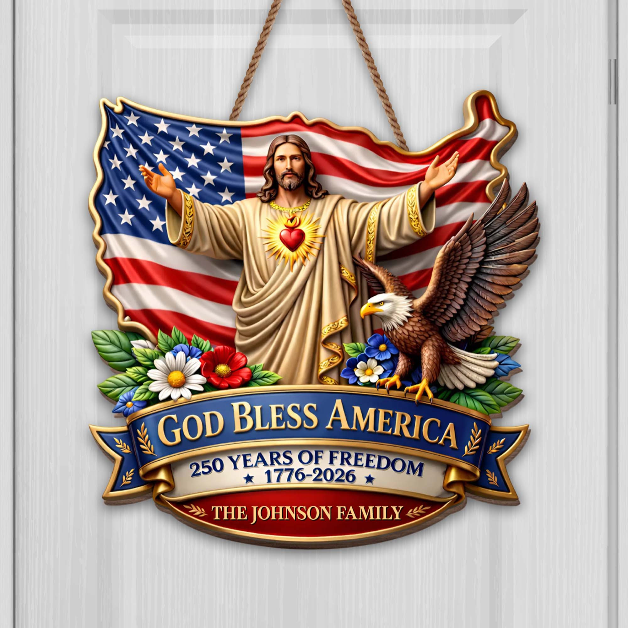 Personalized 1776 2026 250th Anniversary God Bless Jesus Eagle Door Sign Gift For Patriotic Believers