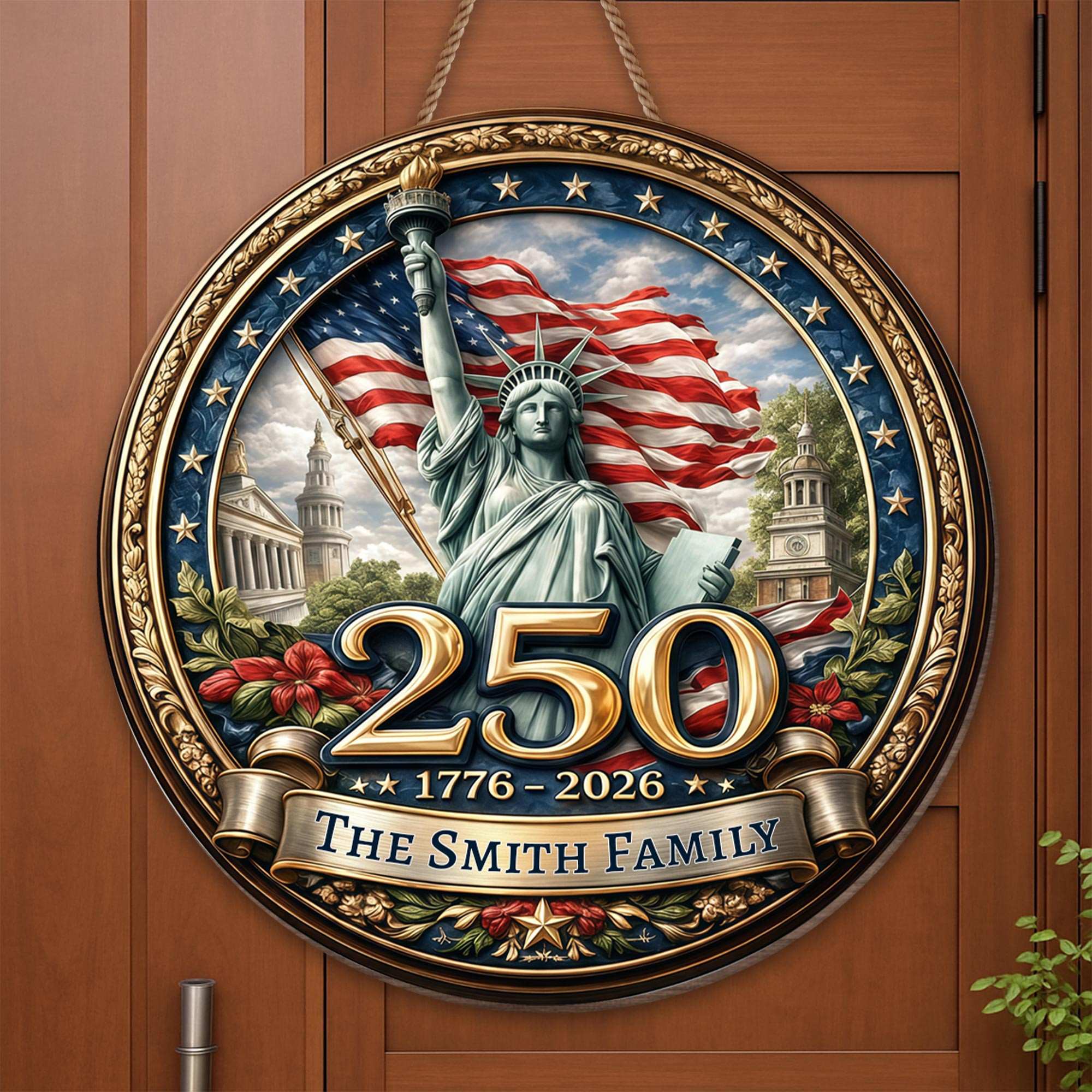 Personalized 1776 2026 250th Anniversary Liberty Statue Family Door Sign Patriotic Gift Ideas