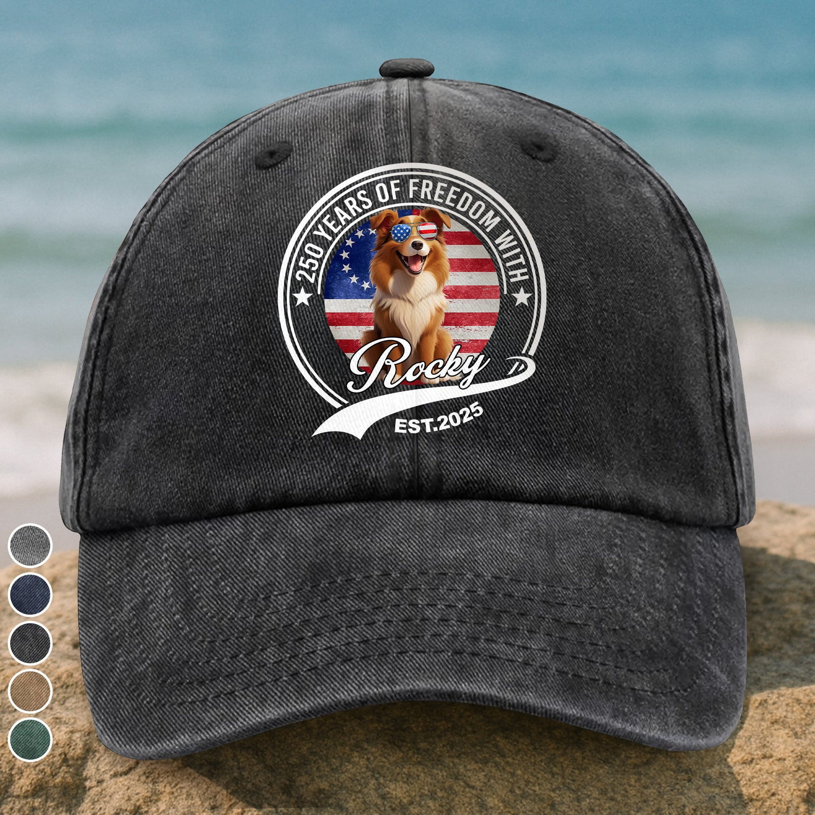 Personalized 250 Years Of Freedom With Dog Washed Denim Baseball Cap America 250 Merchandise Best Patriotic Gifts