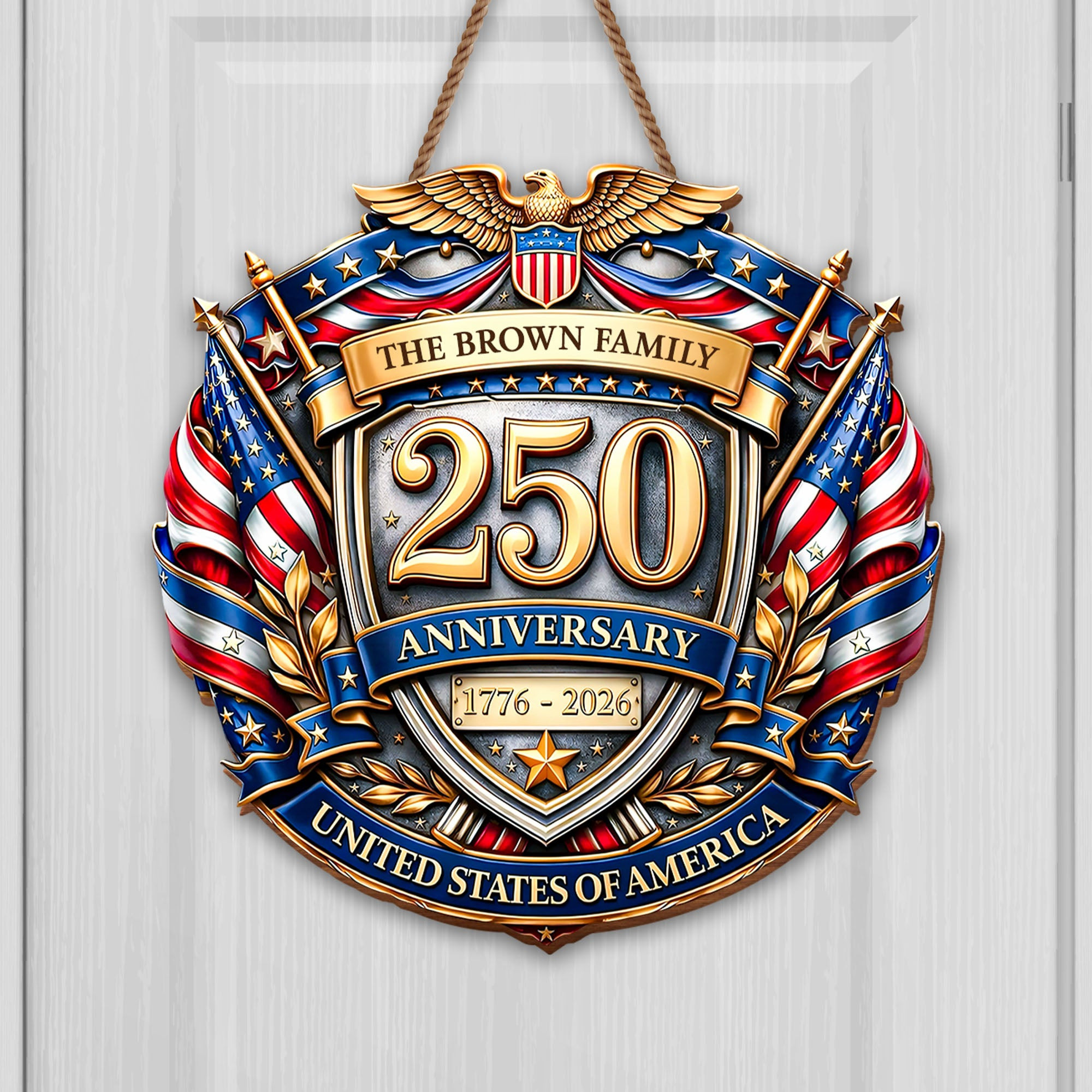 Personalized 250 Years Of Independence Anniversary Eagle Flag Door Sign Gift For Patriotic Family