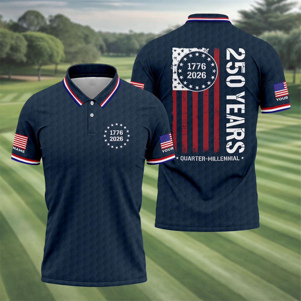 Personalized 250 Years Quarter Millennial Golf Polo Shirt 1776 2026 Merch Golf Gifts For Men