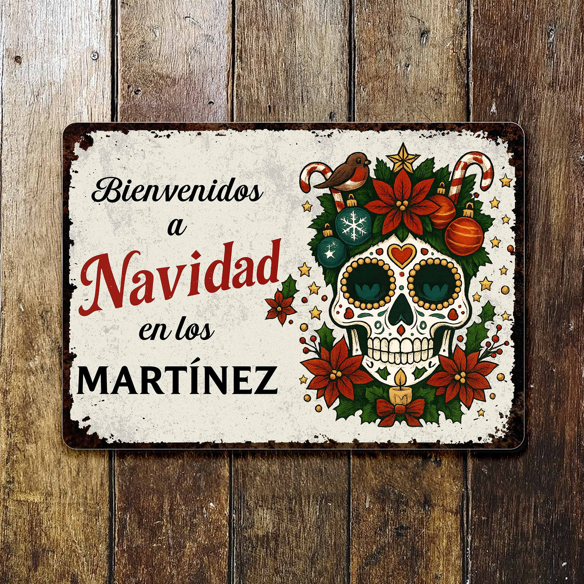Personalized 250th Anniversary Bienvenidos Navidad Sugar Skull Poinsettias Metal Sign Gift For Family