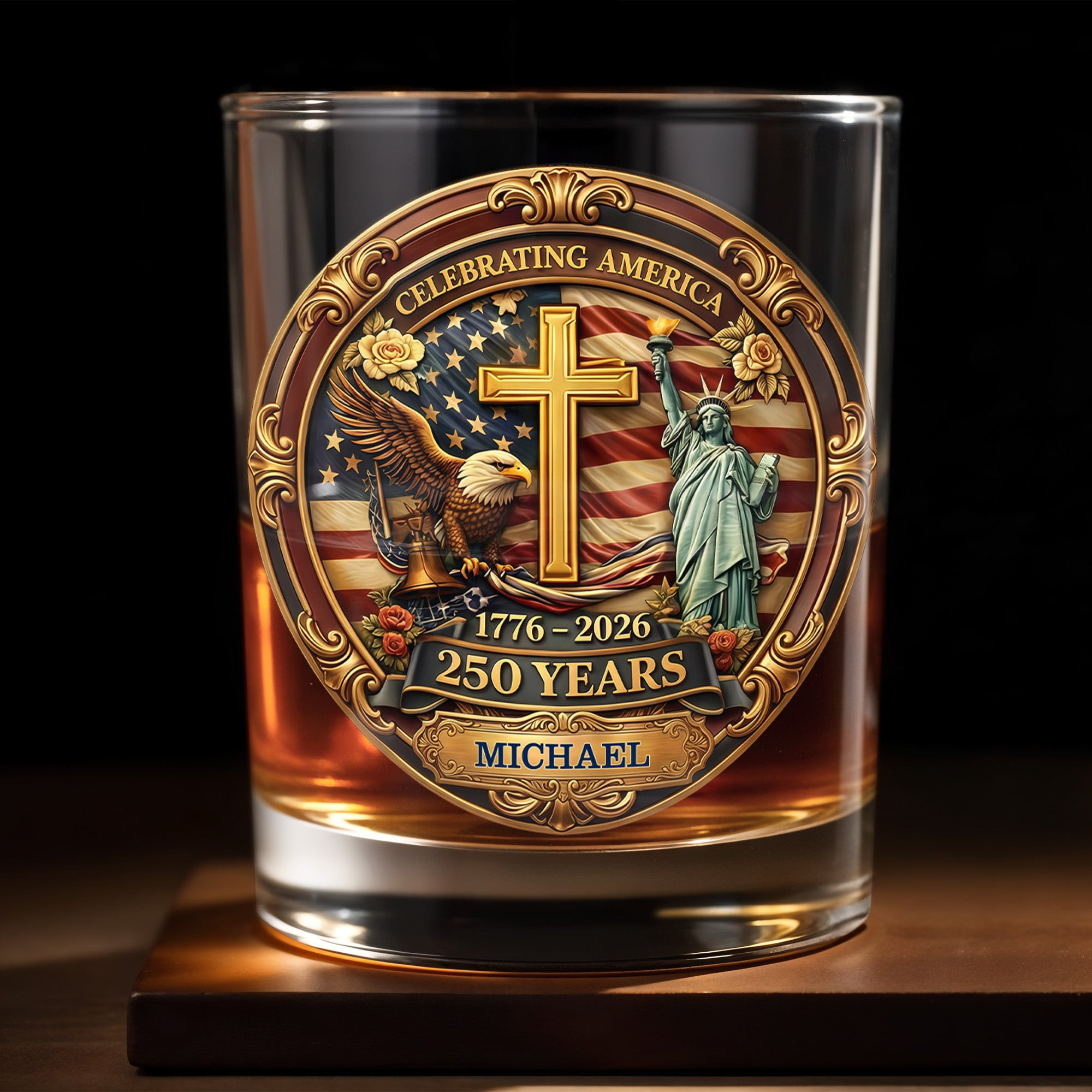 Personalized 250th Anniversary Eagle Cross Liberty Patriotic Whiskey Glass Gift Ideas For Dad