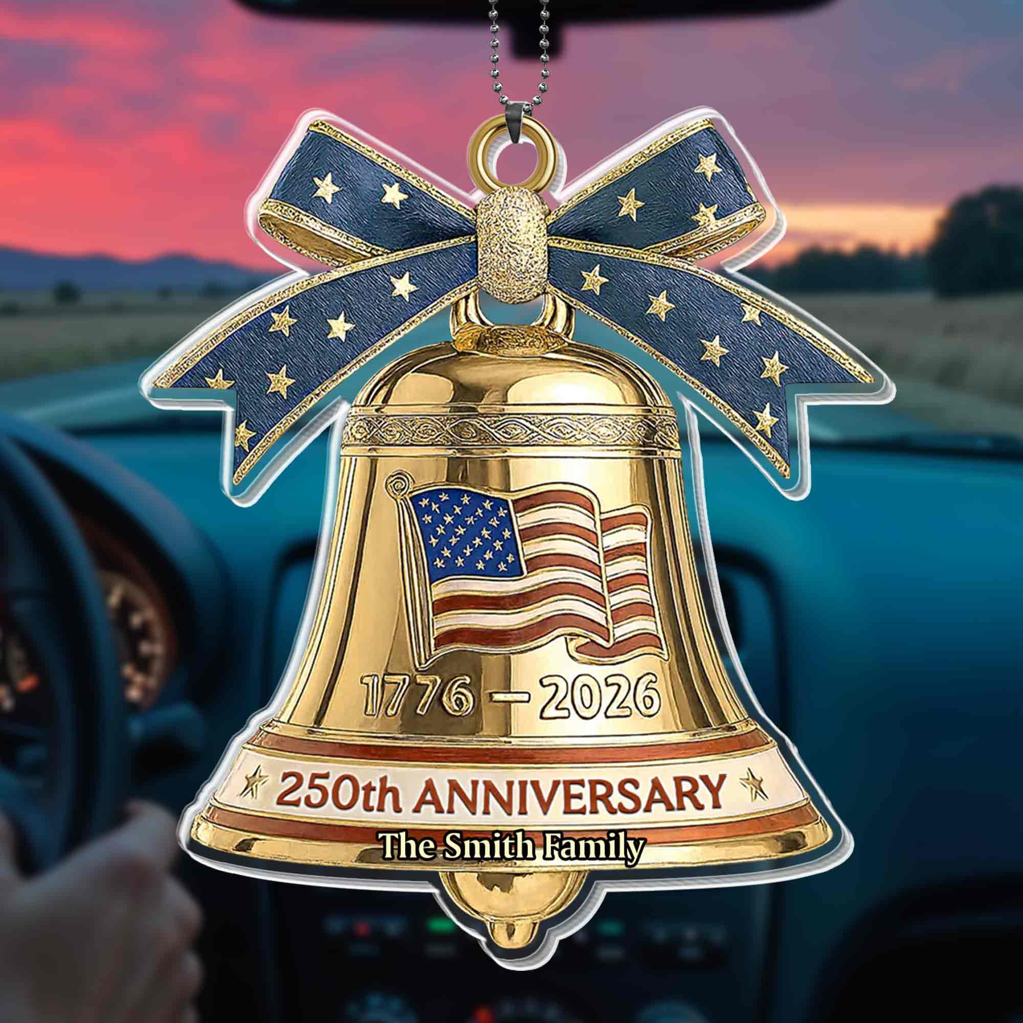 Personalized 250th Anniversary Family Bell Flag Stars Car Ornament Patriotic Decor