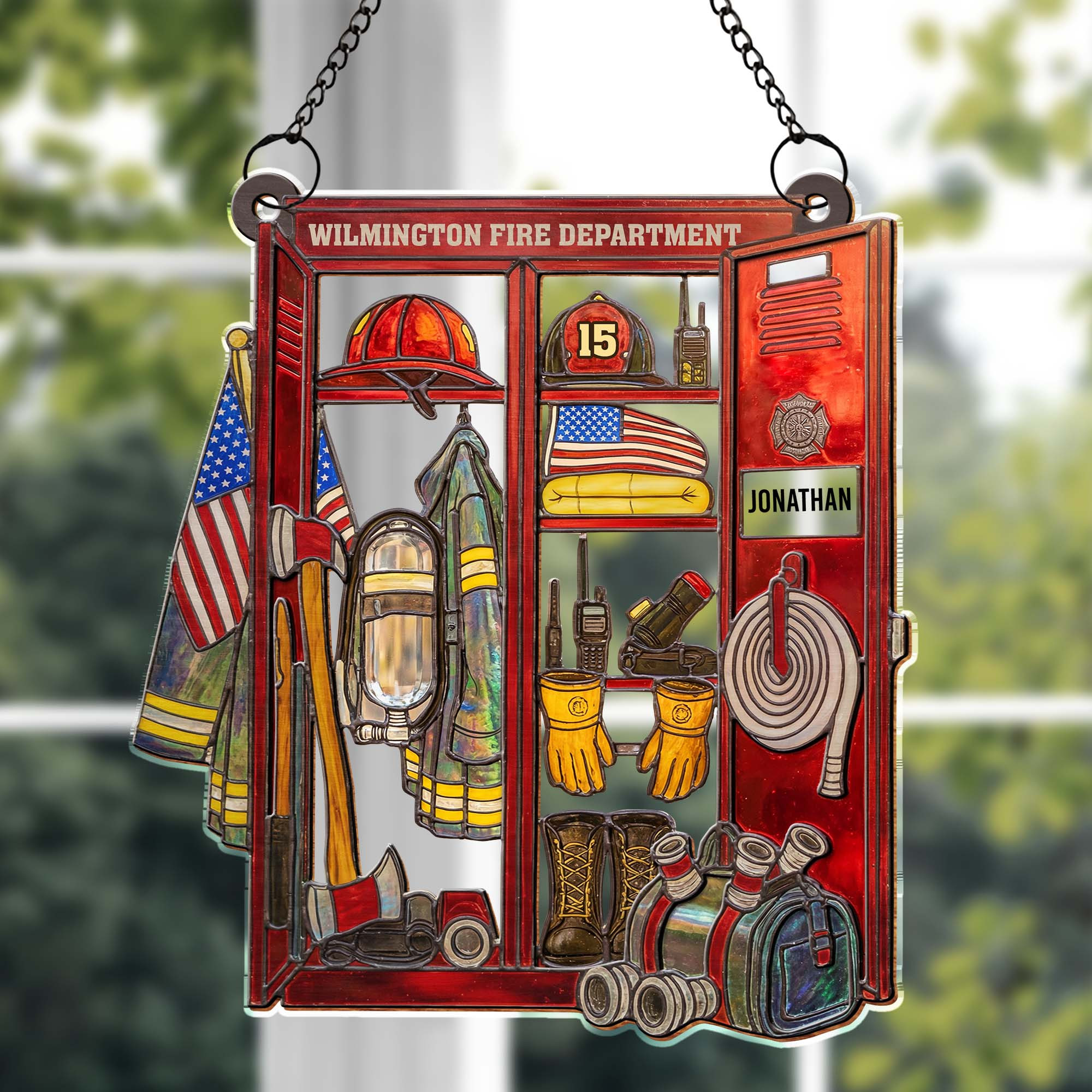 Personalized 250th Anniversary Fire Department Locker Helmet Axe Suncatcher July 4th Gift Ideas