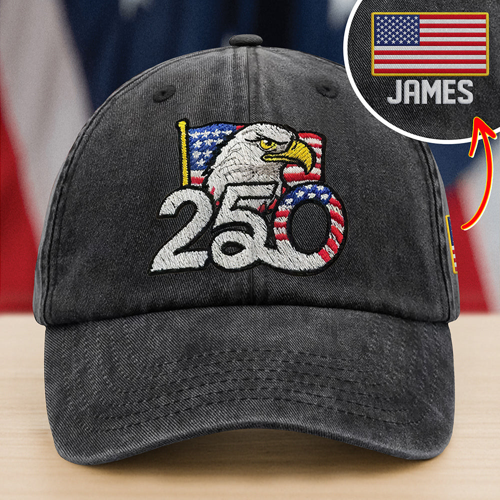 Personalized 250th Anniversary Washed Cap With Embroidered American Flag America 250 Merchandise Patriotic Gifts For Dad