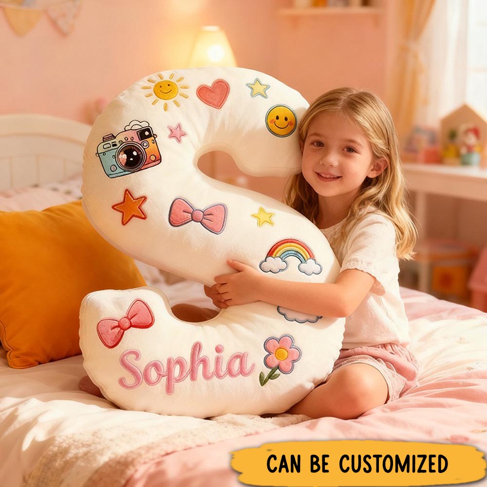 Personalized 26 Letters Shaped Christmas gift Pillow with Cute Camera Bowknots Flowers Smiley Faces Stars and Pastel Design Graphic 3D Print Pillow