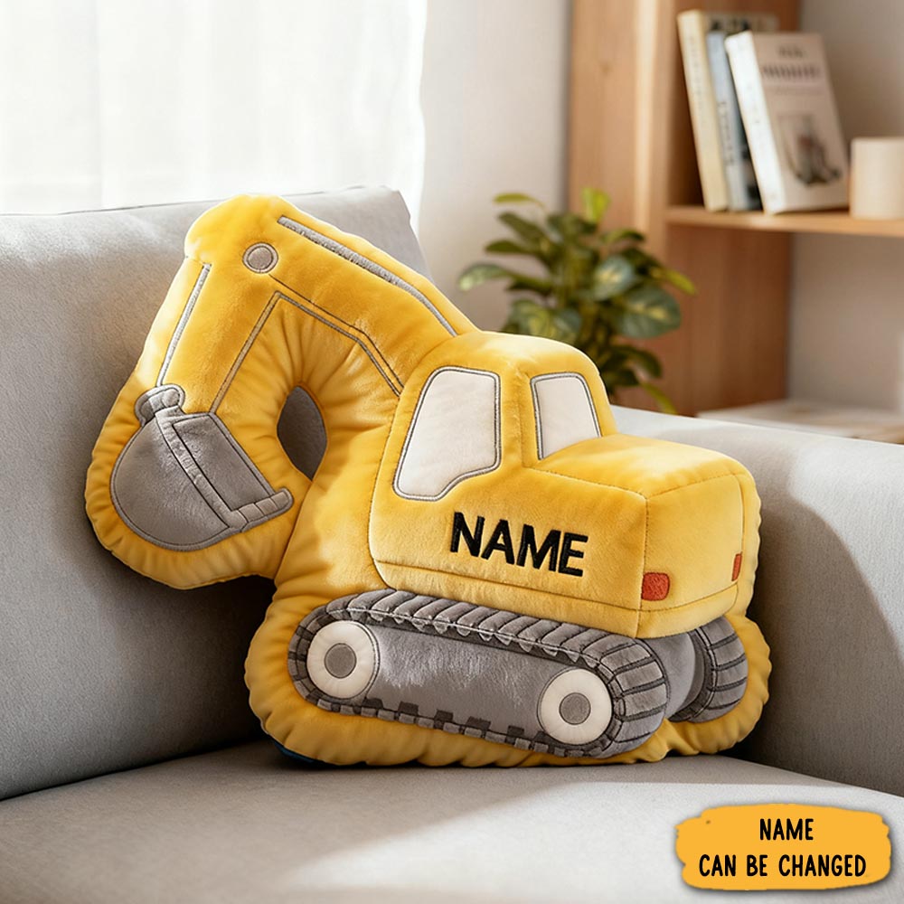 Personalized 3d Construction Excavator Plush Pillow With Your Own Name Soft Stuffed Toy For Kids Unique Decorative Cushion For Boys Room And Playroom