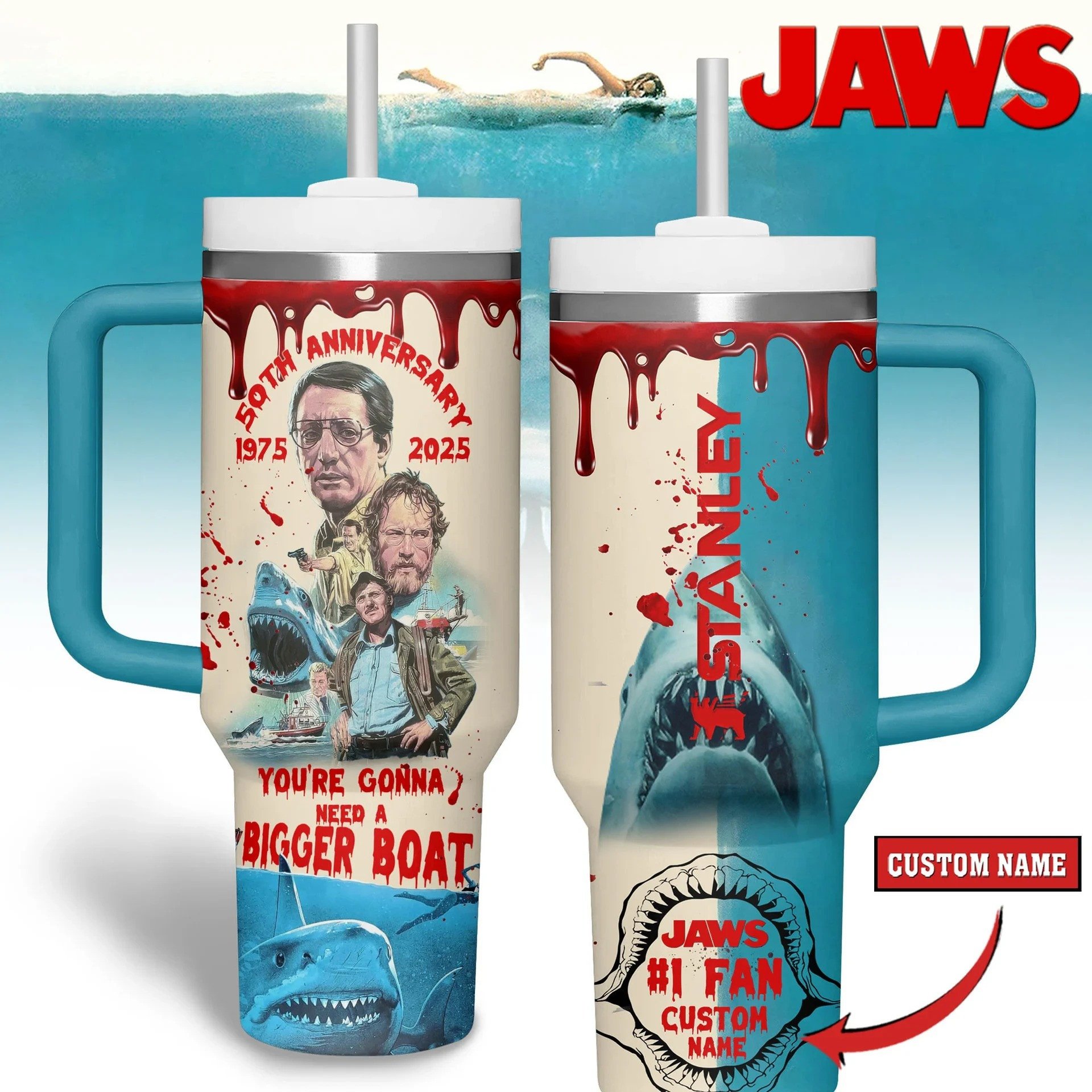 Personalized 50th Anniversary 1975 2025 Jaws 40oz Tumbler With Handle Lover Gifts For Him