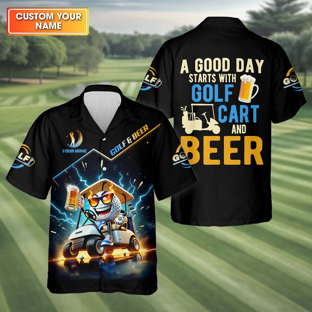Personalized A Good Day Starts With Golf Cart & Beer Hawaiian Shirt Best Golf Shirt Father's Day Present