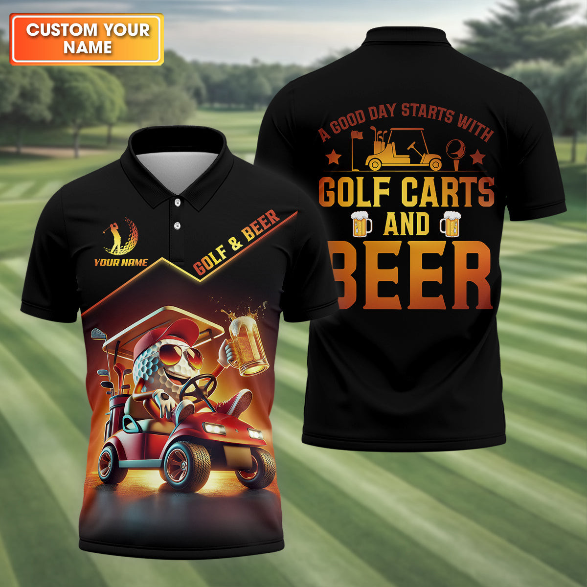 Personalized A Good Day Starts With Golf Carts And Beer Polo Shirt Best Golf Shirt Great Gift For Husband