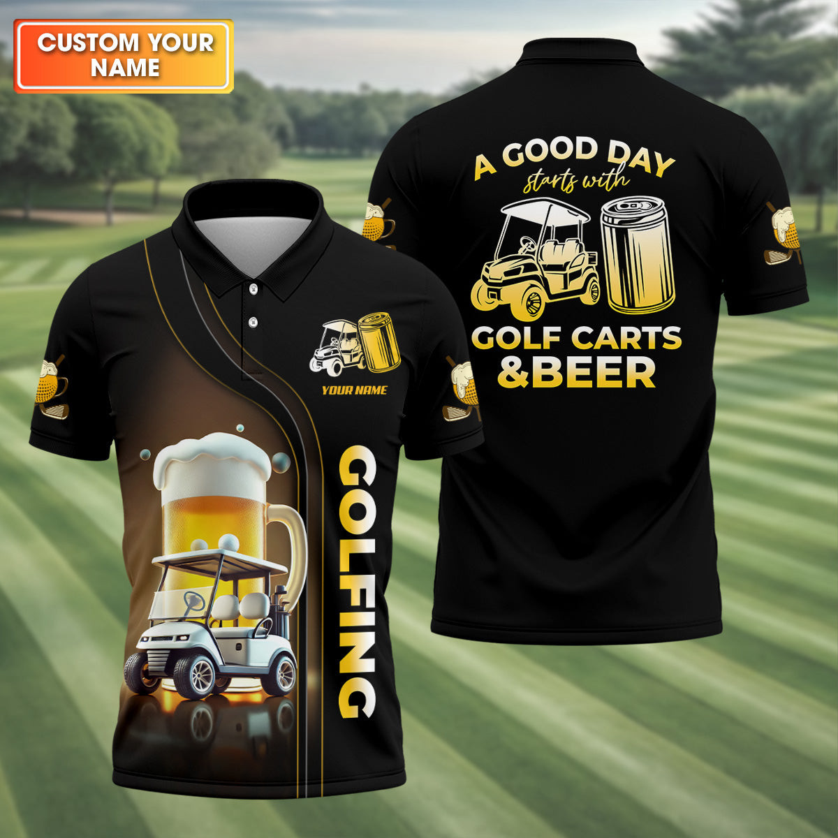 Personalized A Good Day Starts With Golf Carts And Beer Polo Shirt Golfer Clothes Gift For Father