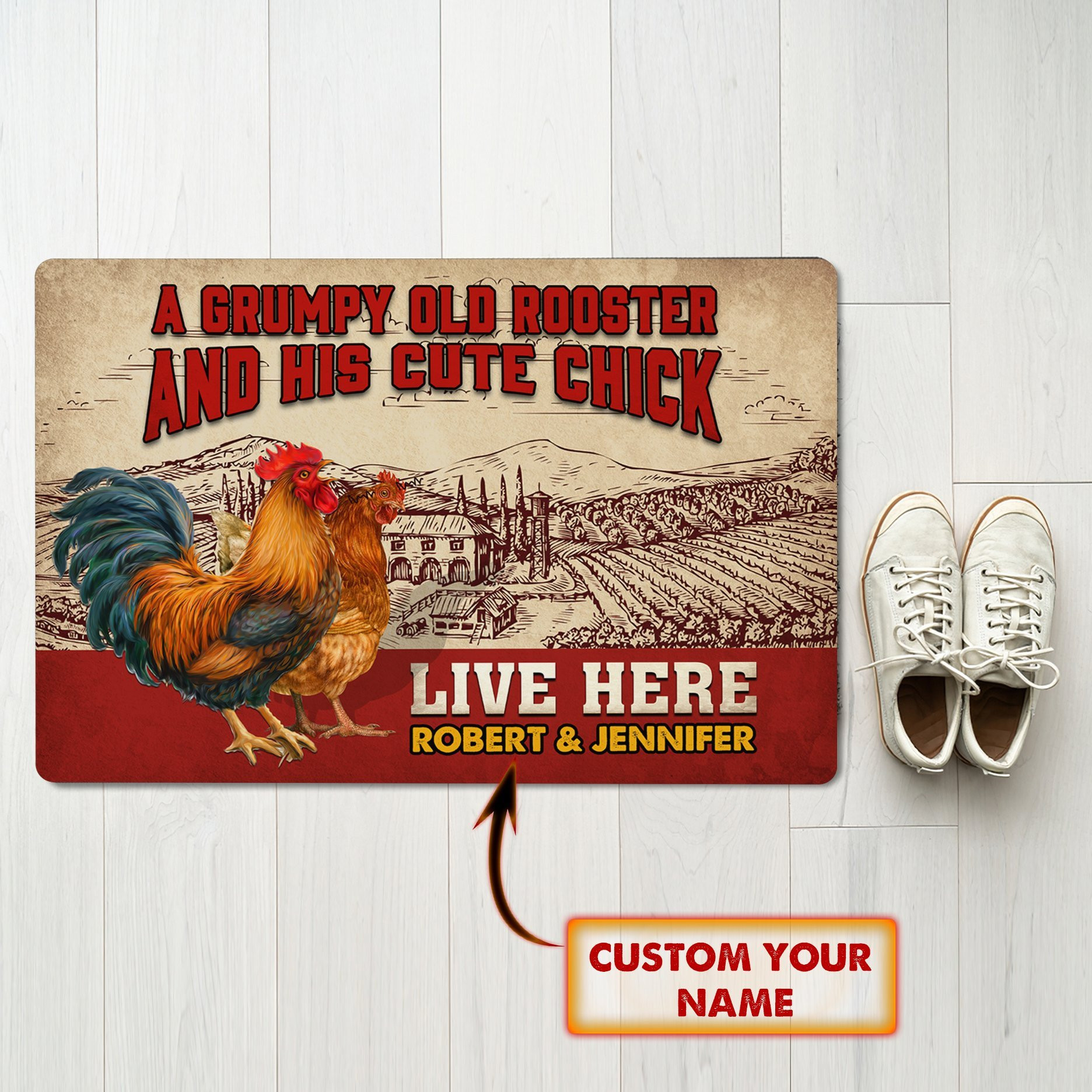 Personalized A Grumpy Old Rooster And His Cute Chick Lives Here Doormat For Chicken Owners