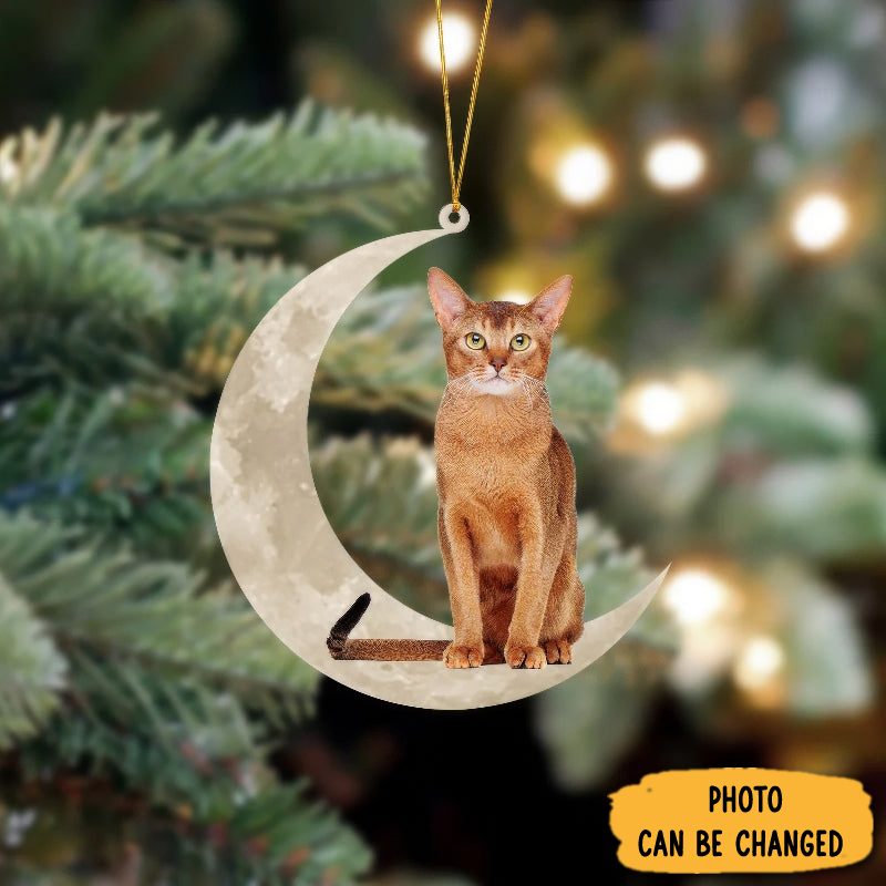 Personalized Abyssinian Cat Sits On The Moon Hanging Ornament Heartwarming Holiday Ornament Gift