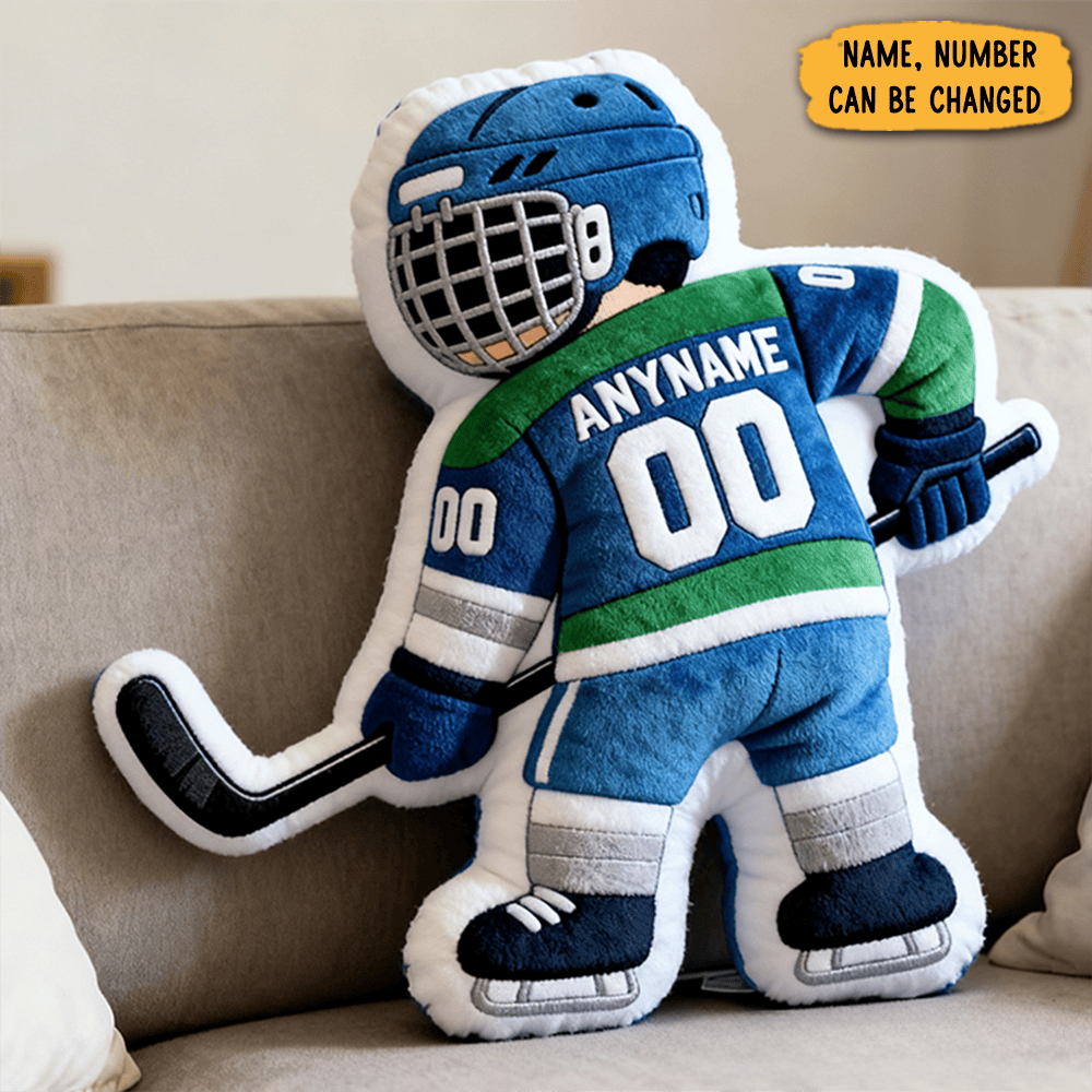 Personalized Adorable Ice Hockey Player Pillow For Kids With Custom Jersey Name And Number